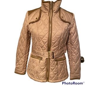 IMAN JACKET COAT BELTED TAN QUILTED ZIP FRONT LEATHER TRIM POCKETS SIZE S